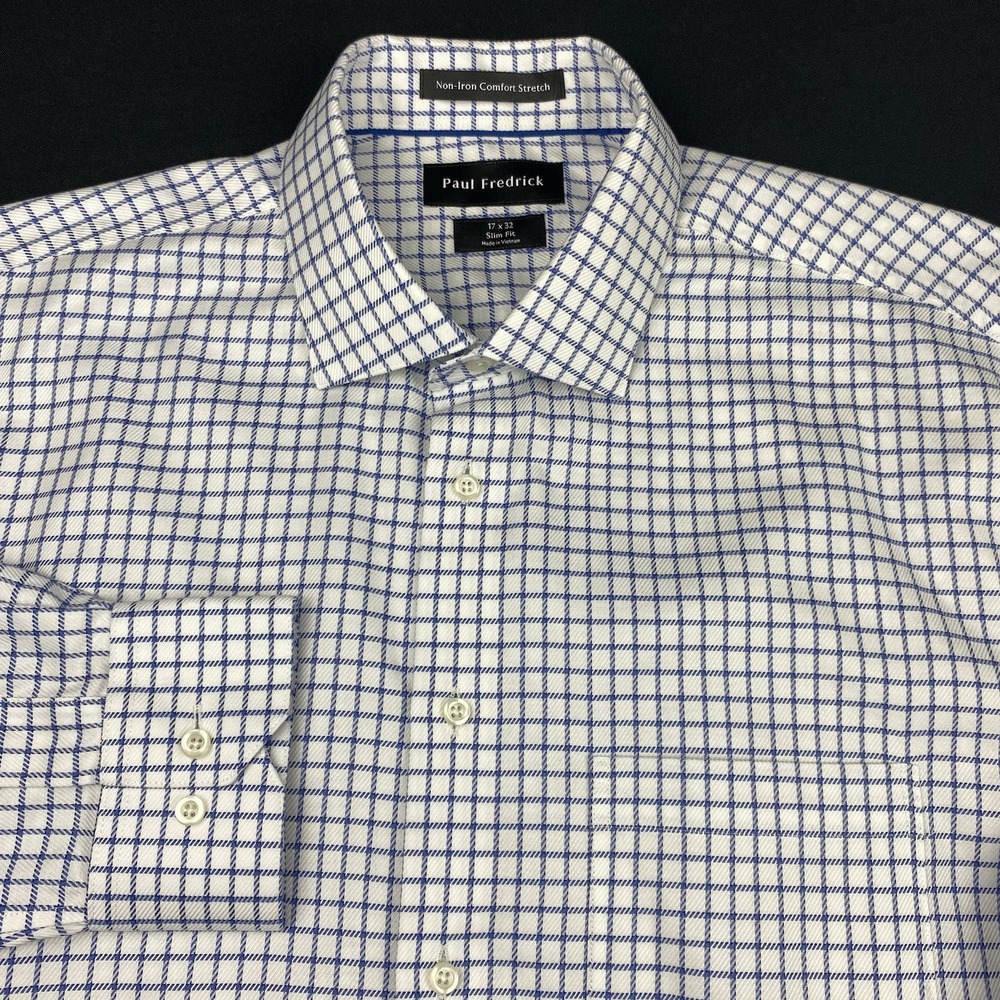 Paul Fredrick Dress Shirt Mens 17-32 White w/Blue Checks Slim Fit No Iron